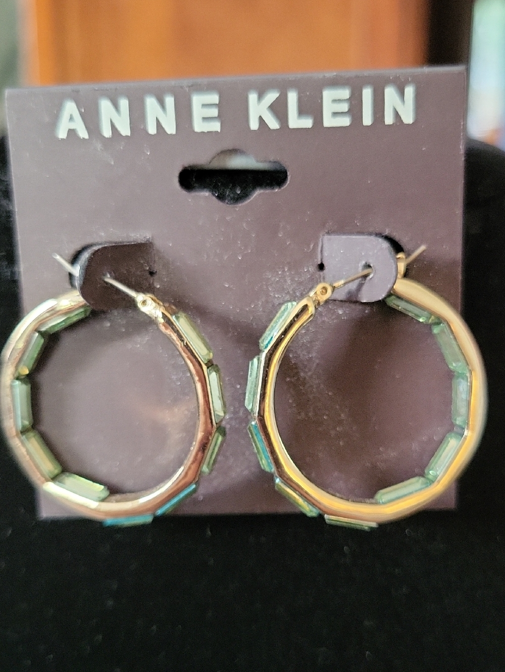 Anne Klein Gold-tone Hoops with Green Baguette Crystals